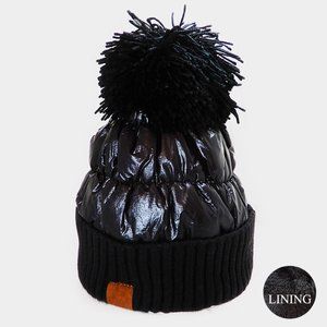 Black Puffer Knit Pom Pom Beanie Hat